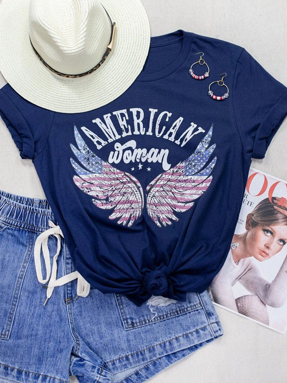 American Flag Eagle Wing Graphic Tee in Blue for Women