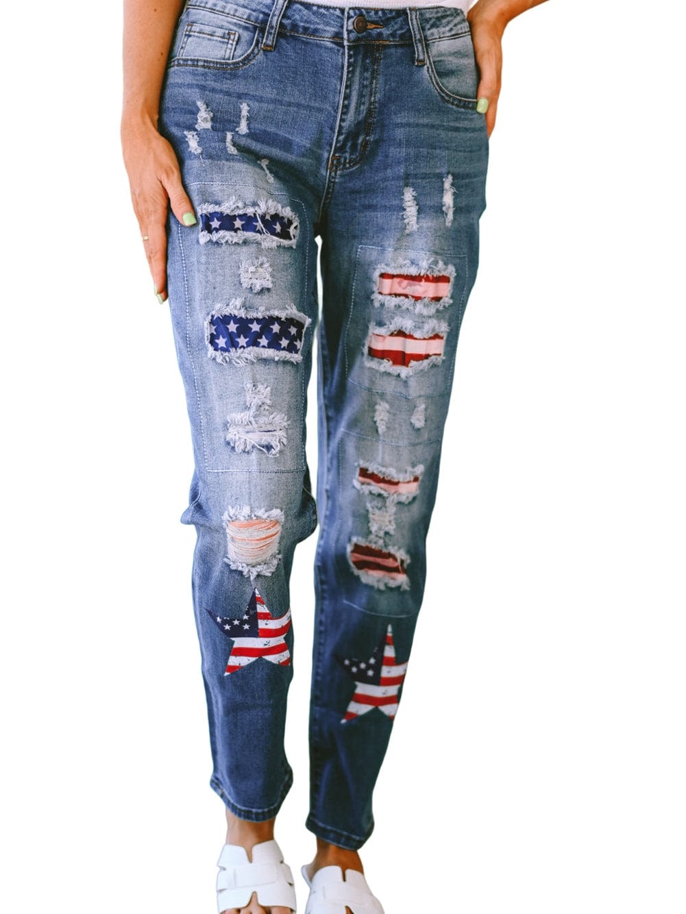 American Flag Graphic Patched Distressed Jeans in Sky Blue