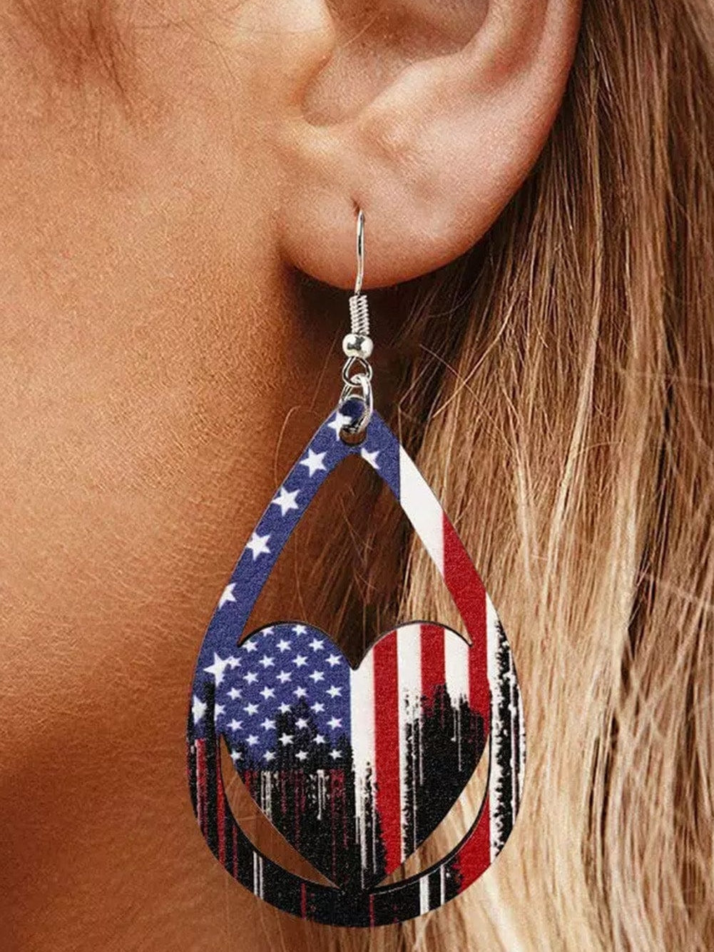 American Flag Heart Wooden Drop Earrings with Hollow-Out Design