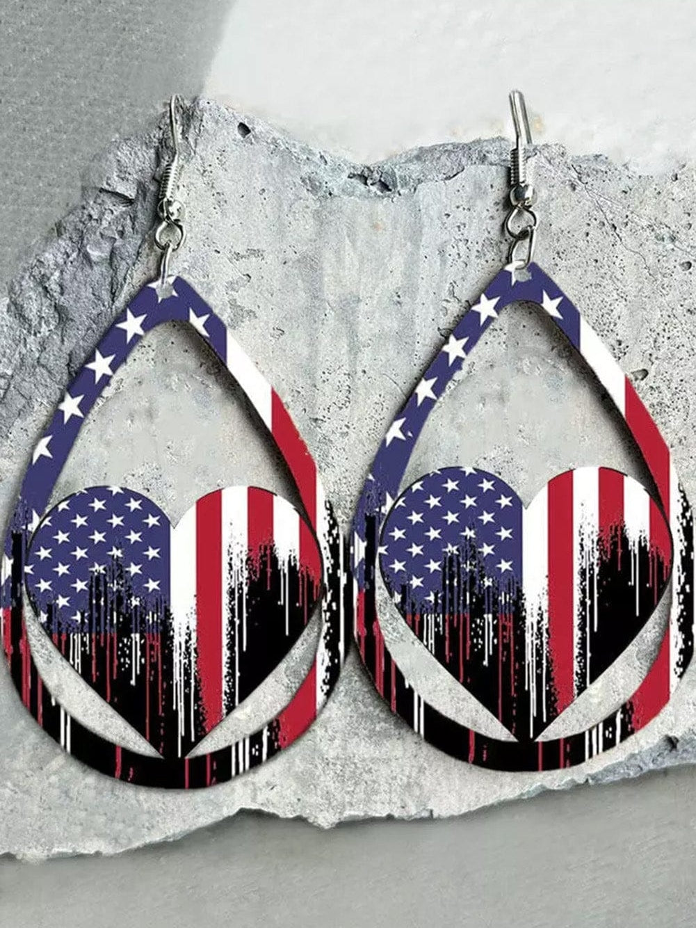 American Flag Heart Wooden Drop Earrings with Hollow-Out Design