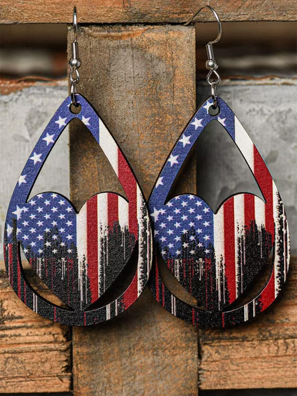 American Flag Heart Wooden Drop Earrings with Hollow-Out Design