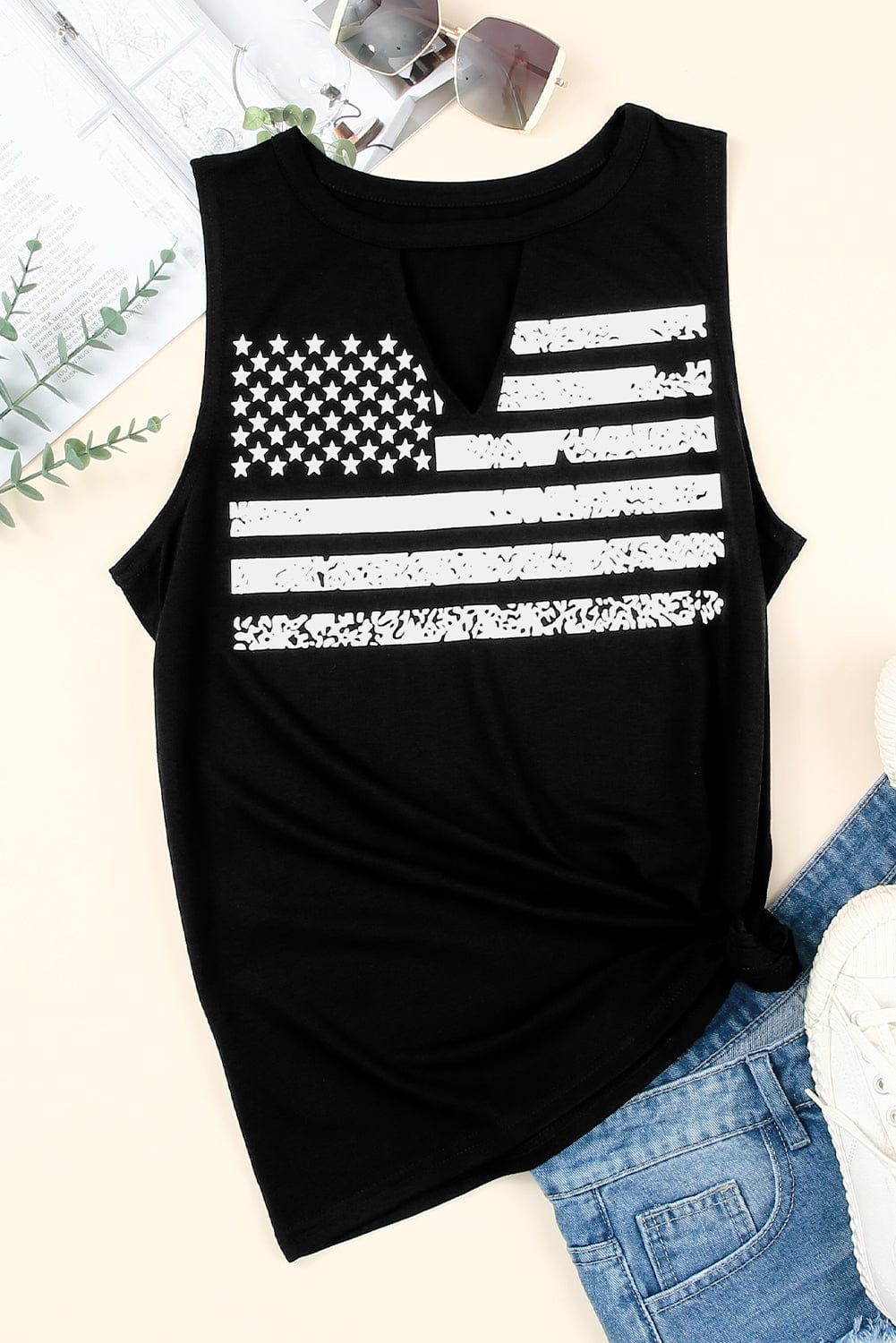 American Flag Print Cutout Tank Top in Black