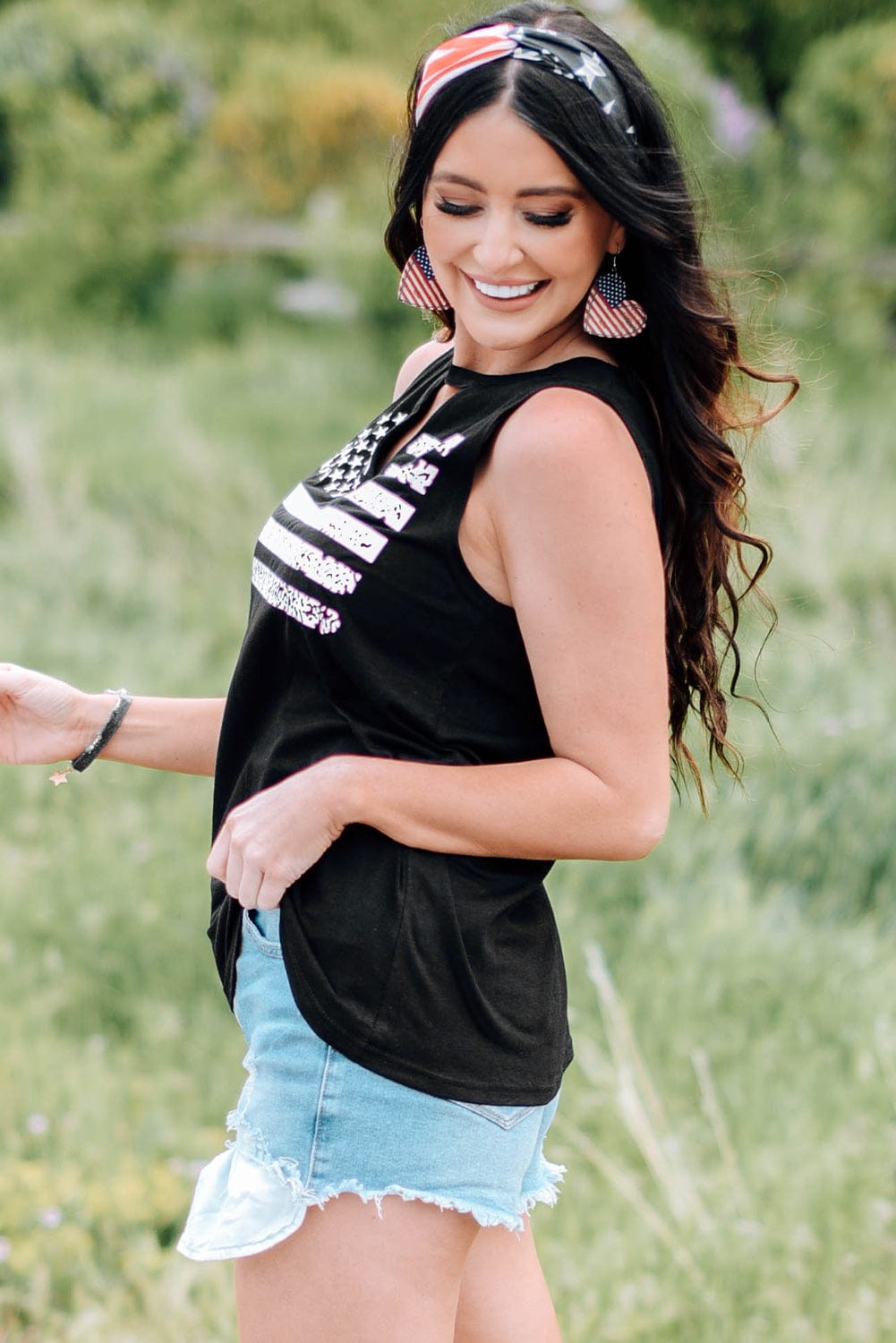 American Flag Print Cutout Tank Top in Black