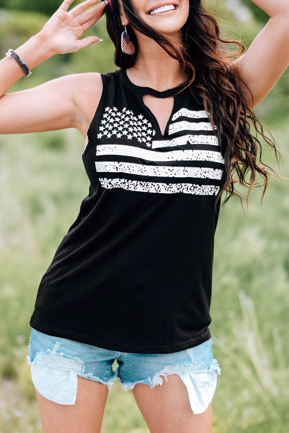 American Flag Print Cutout Tank Top in Black