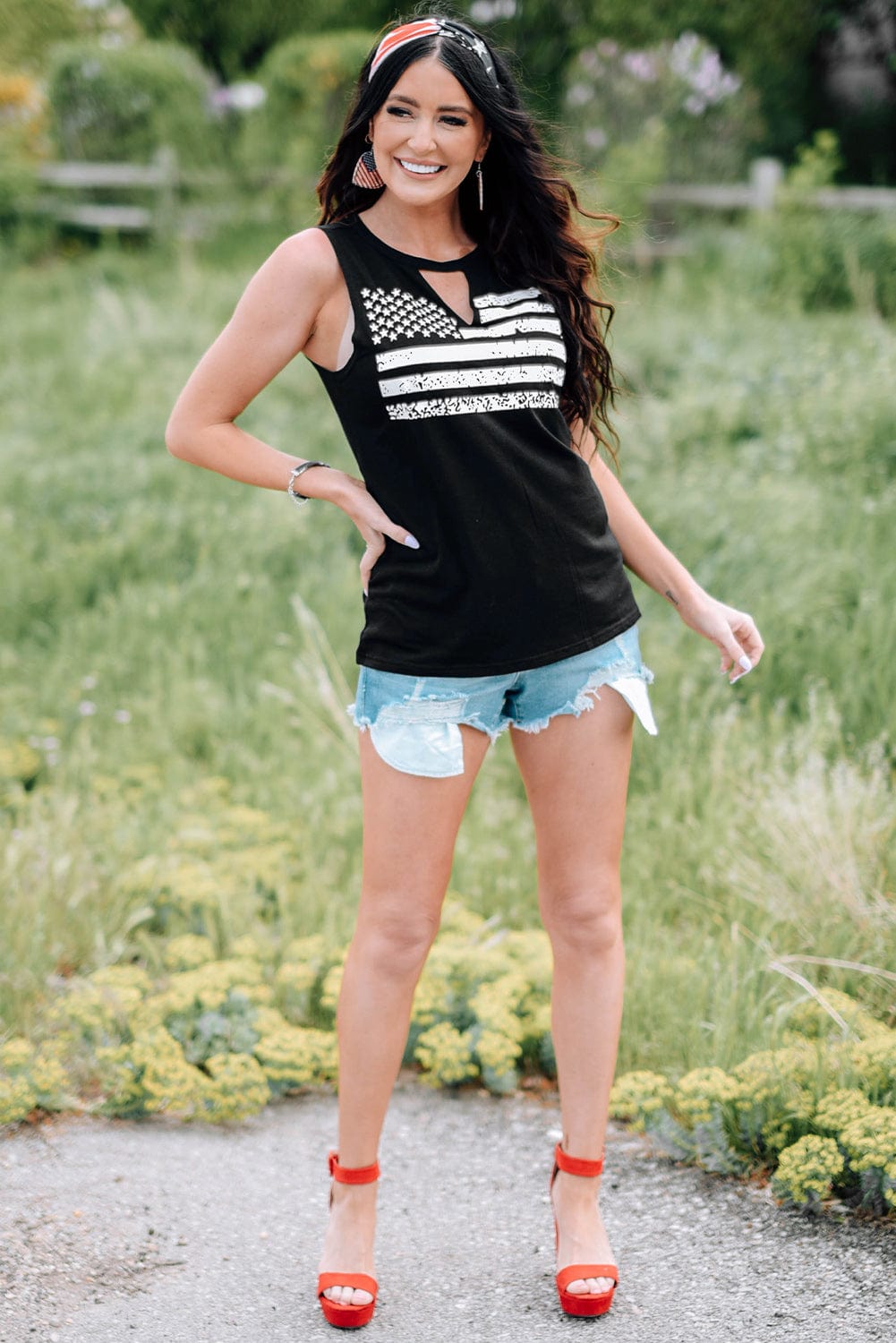 American Flag Print Cutout Tank Top in Black