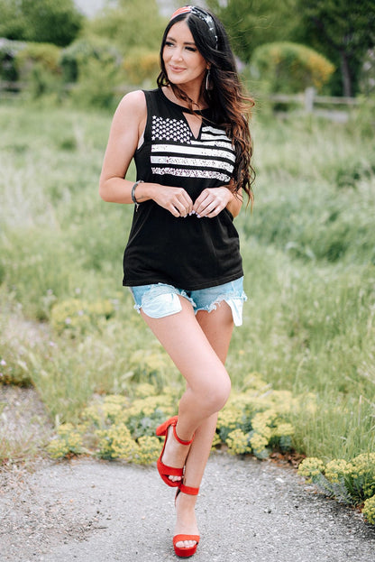 American Flag Print Cutout Tank Top in Black