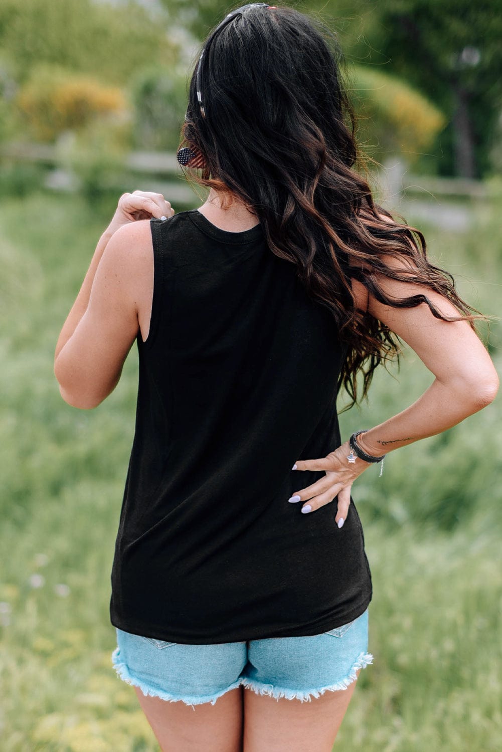 American Flag Print Cutout Tank Top in Black