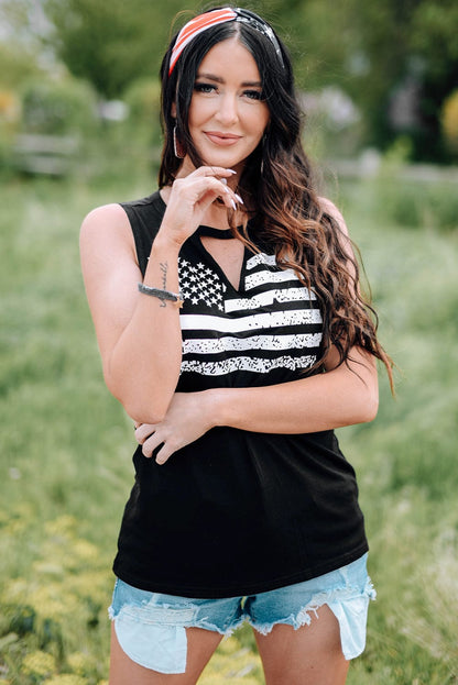 American Flag Print Cutout Tank Top in Black