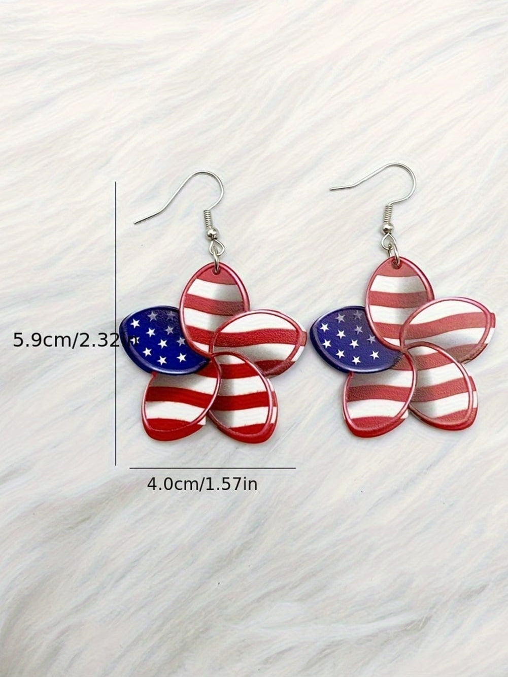 American Flag Print Flower Shaped Hook Earrings in Vibrant Red