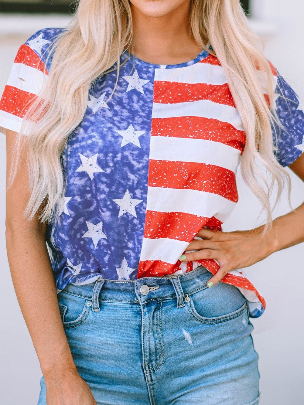 American Flag Striped Distressed Crew Neck Tee with Unique Details