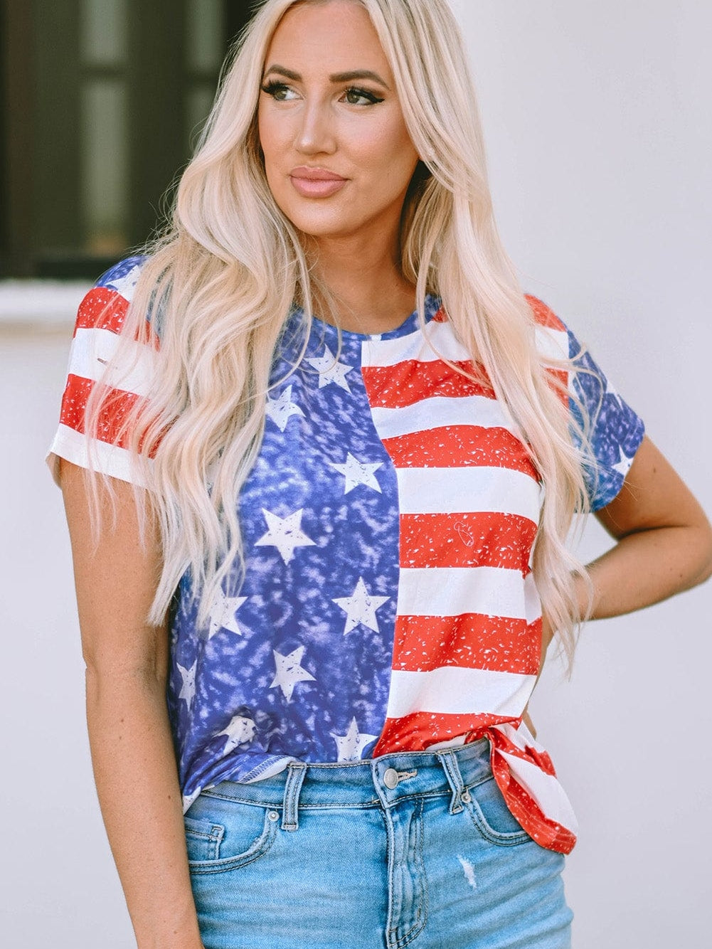 American Flag Striped Distressed Crew Neck Tee with Unique Details