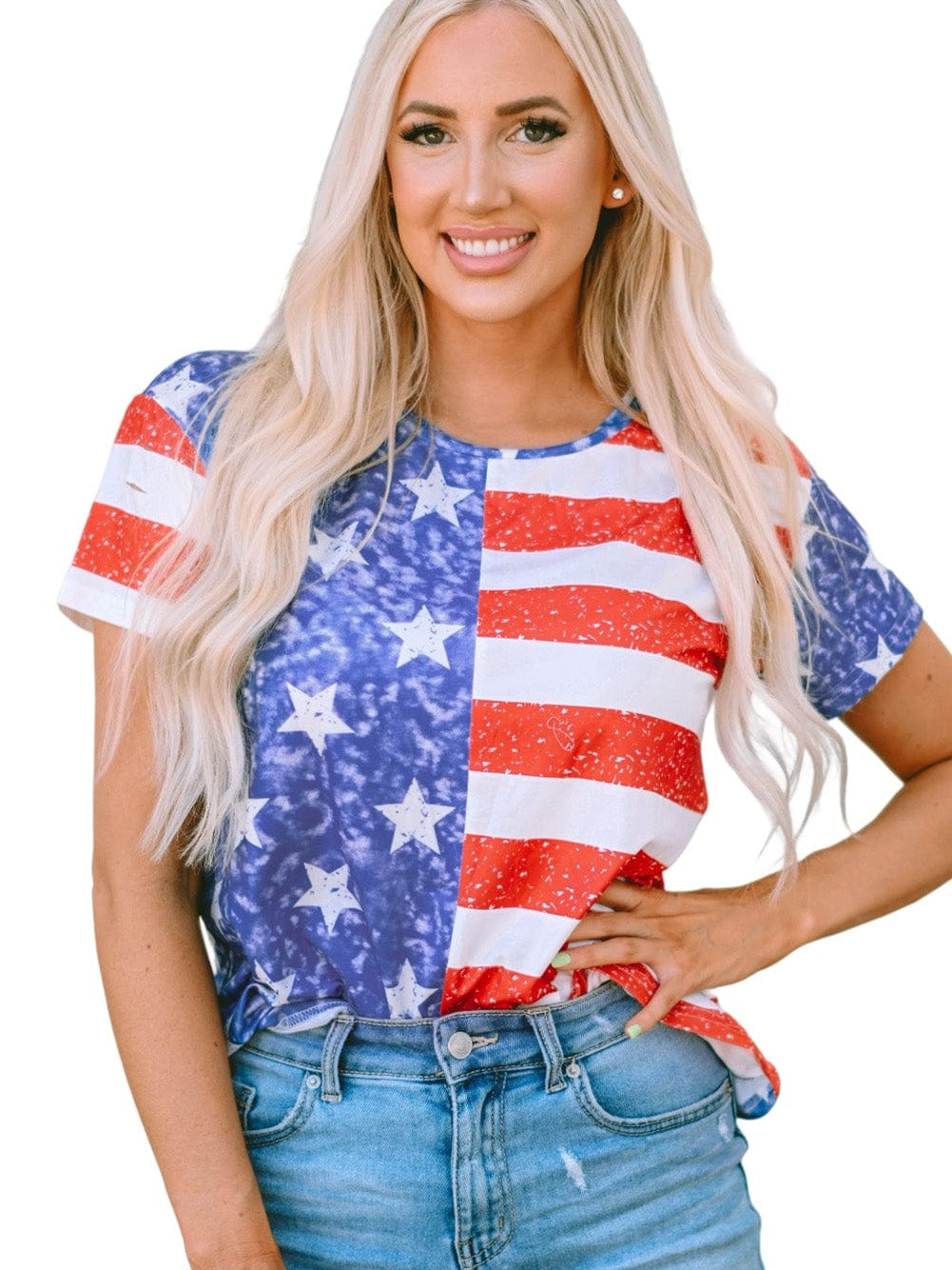 American Flag Striped Distressed Crew Neck Tee with Unique Details