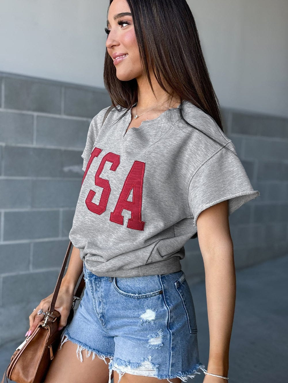 American Pride Light Grey Notched Neck Loose Tee with USA Patch