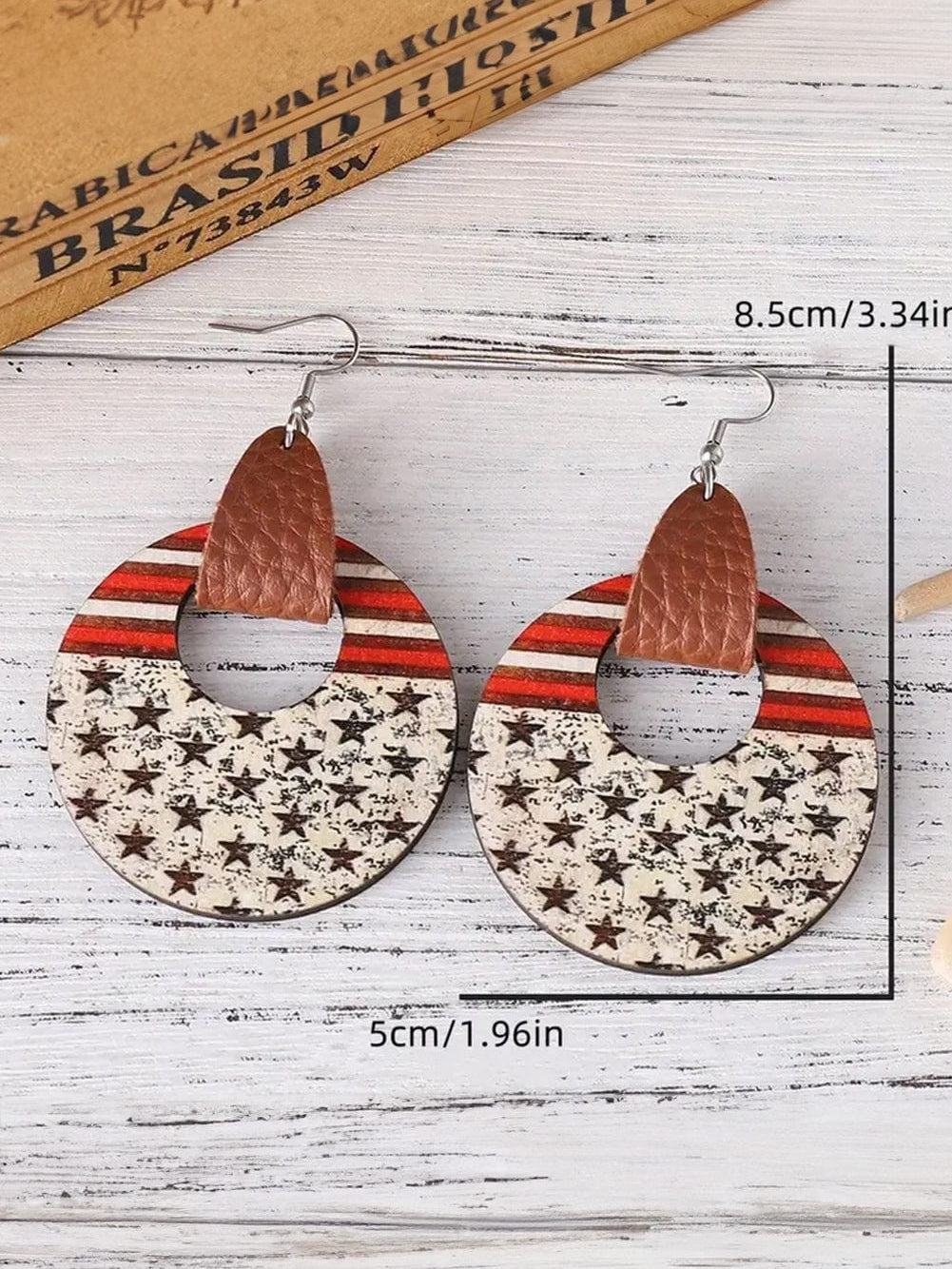 American Pride Round Wooden Flag Print Dangle Earrings