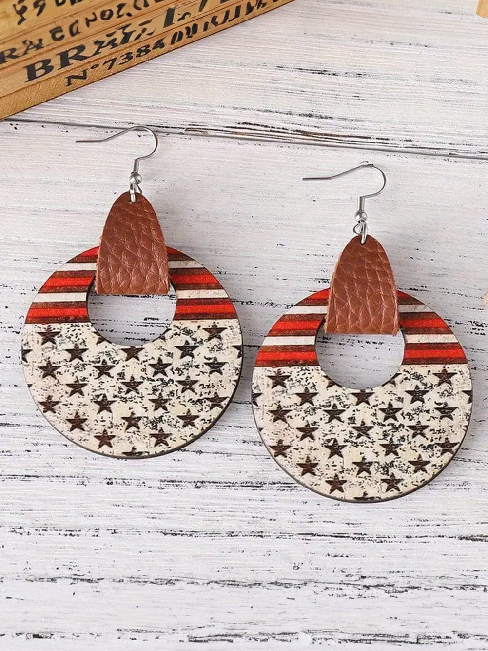 American Pride Round Wooden Flag Print Dangle Earrings