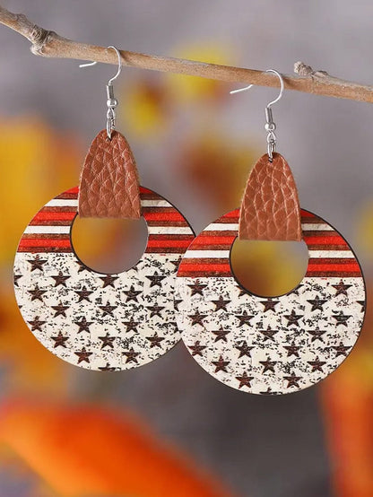 American Pride Round Wooden Flag Print Dangle Earrings