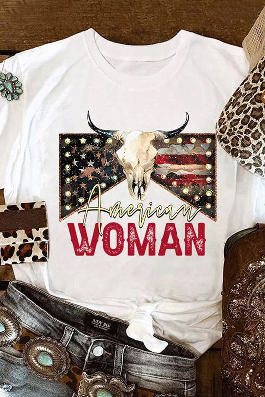 American Woman Bull Skull Print White Graphic Tee