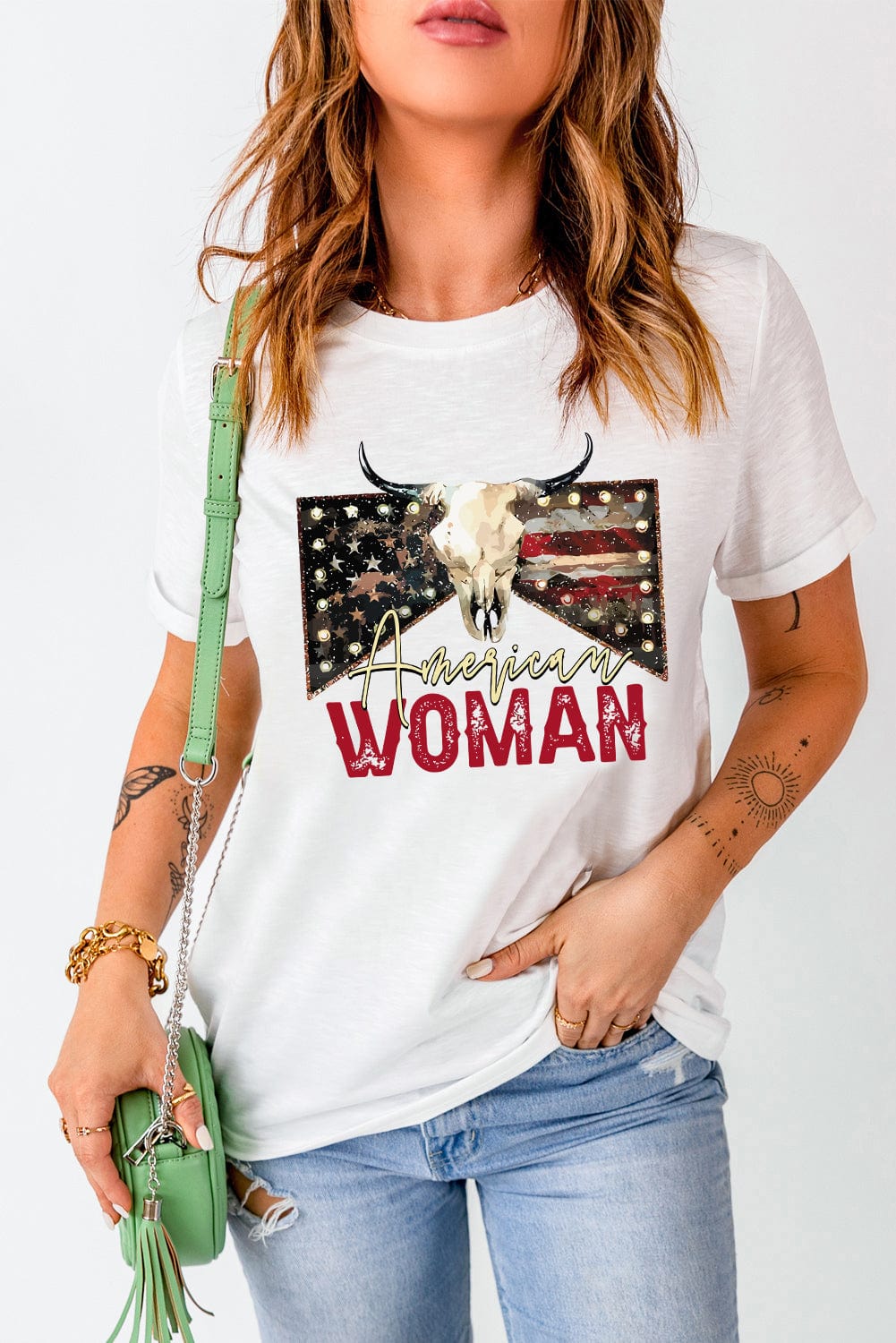 American Woman Bull Skull Print White Graphic Tee