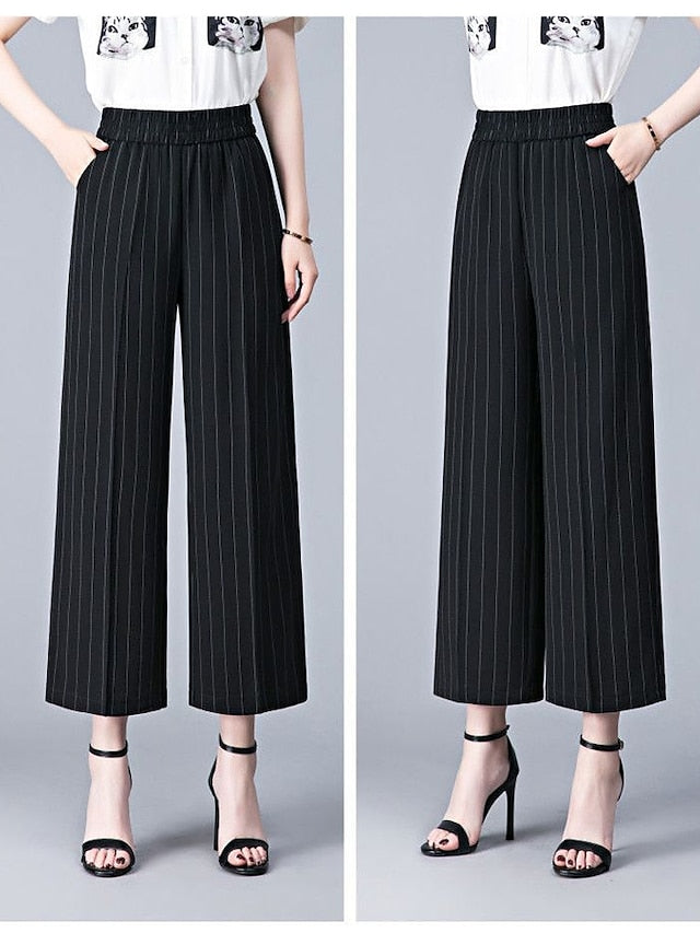 Women‘s Wide Leg Dress Work Pants Trousers Baggy Full Length Pocket Micro-elastic High Rise Streetwear Casual Street Black White XL 2XL Summer Spring