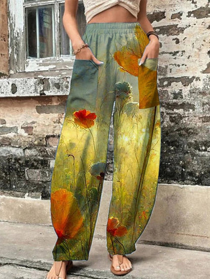 Women's Wide Leg Pants Trousers Faux Linen White Yellow Red Casual Holiday Weekend Side Pockets Full Length Comfort Floral S M L XL 2XL - LuckyFash™