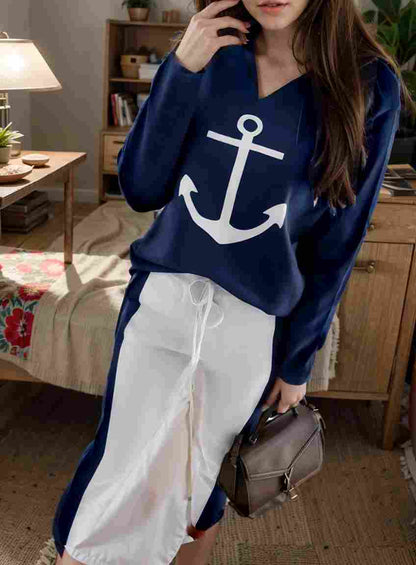 anchor print v neck long sleeve t shirt trousers two piece suit 109472