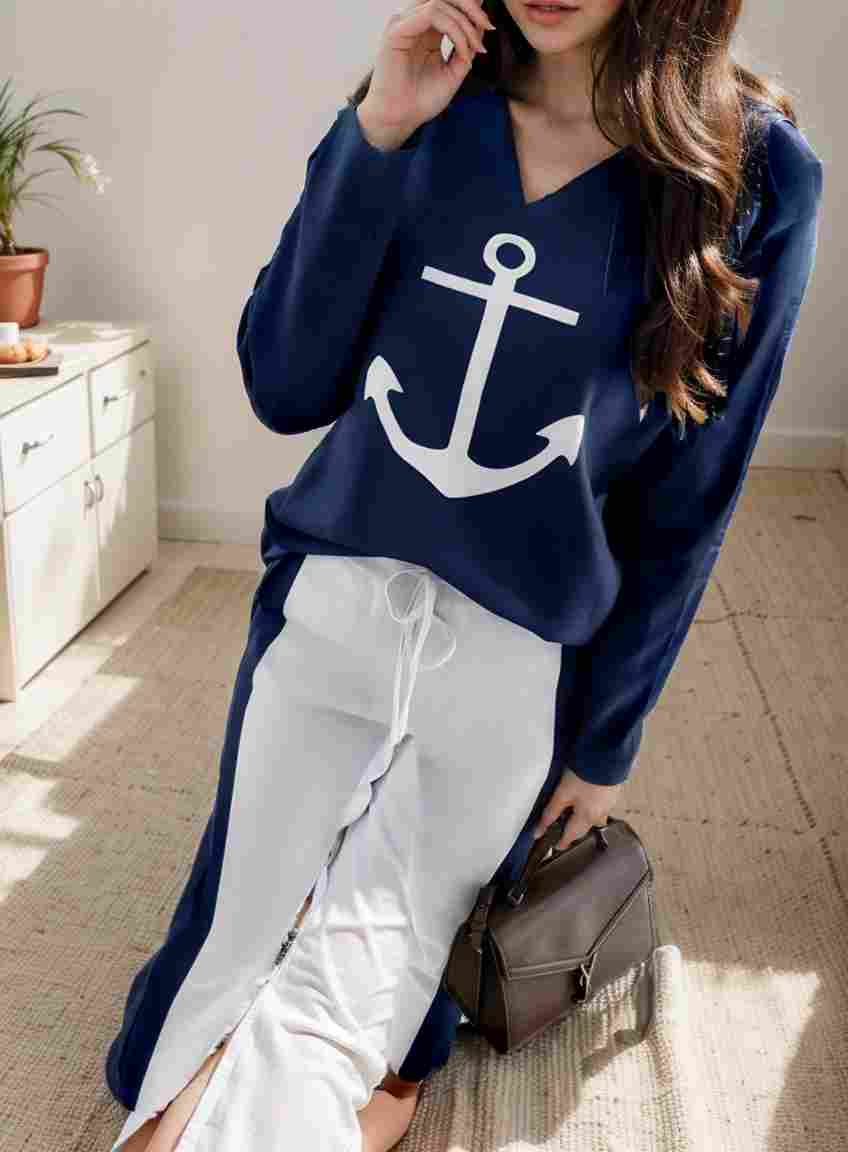 anchor print v neck long sleeve t shirt trousers two piece suit 109655