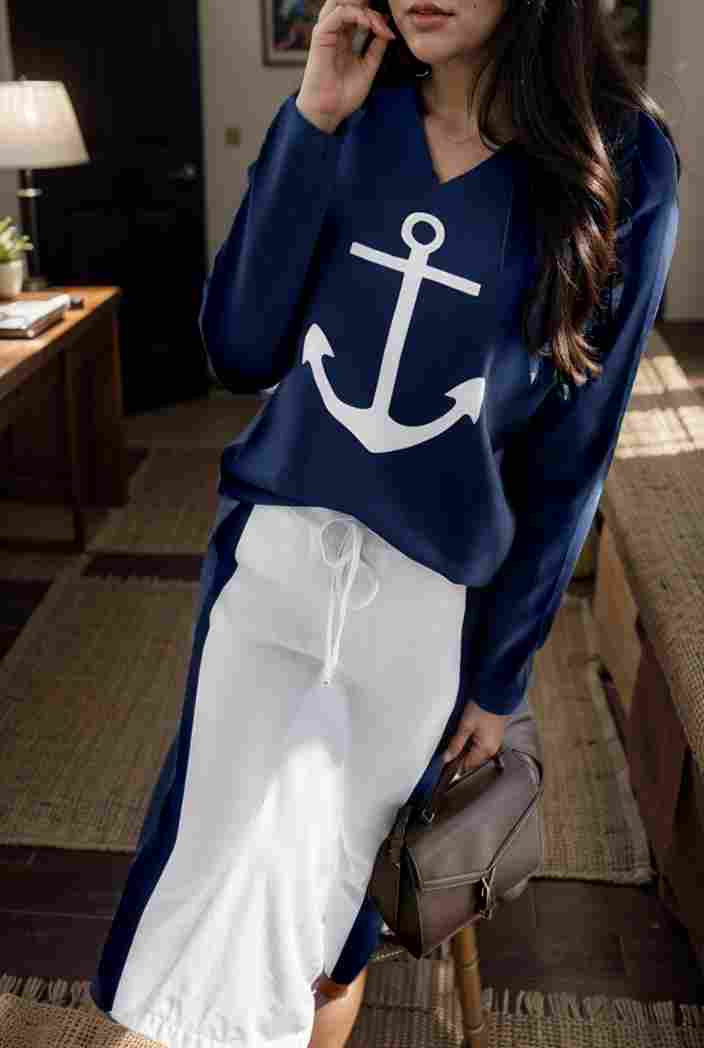 anchor print v neck long sleeve t shirt trousers two piece suit 112124