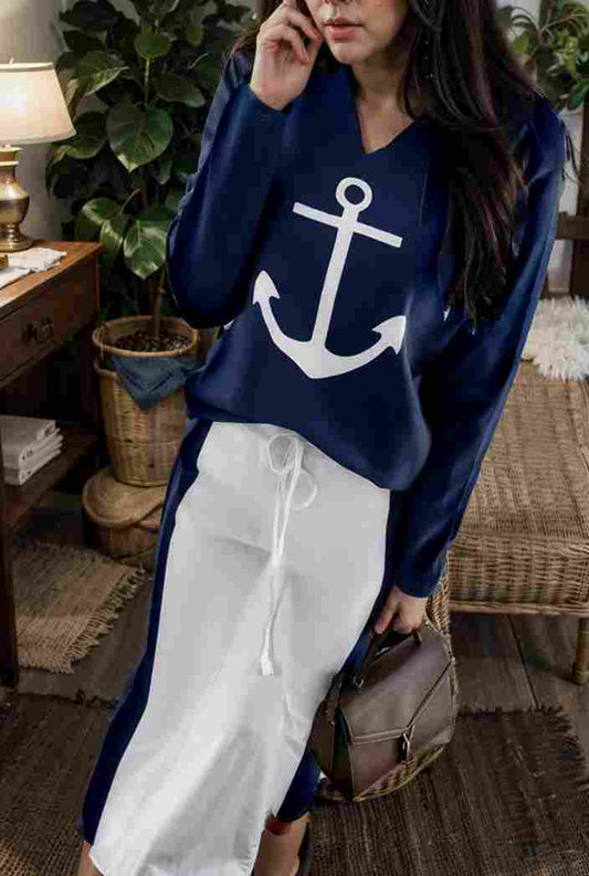 anchor print v neck long sleeve t shirt trousers two piece suit 119205