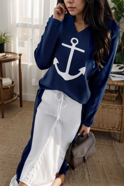 anchor print v neck long sleeve t shirt trousers two piece suit 147728