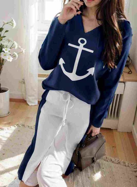 anchor print v neck long sleeve t shirt trousers two piece suit 142809