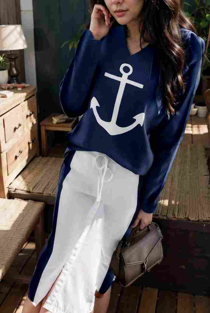 anchor print v neck long sleeve t shirt trousers two piece suit 144836