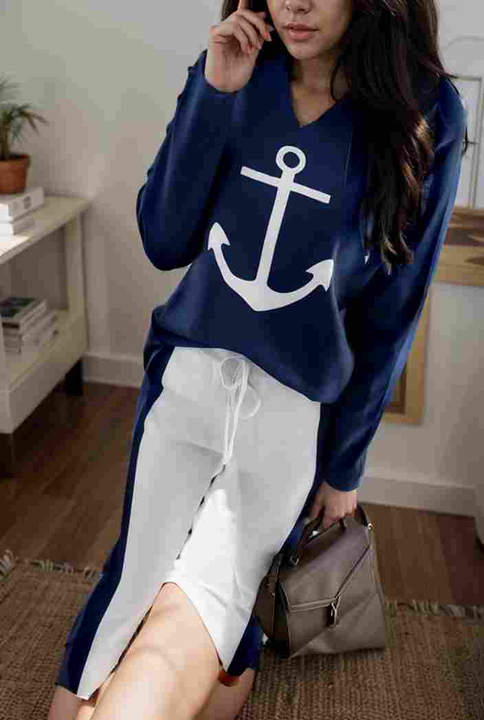 anchor print v neck long sleeve t shirt trousers two piece suit 112643