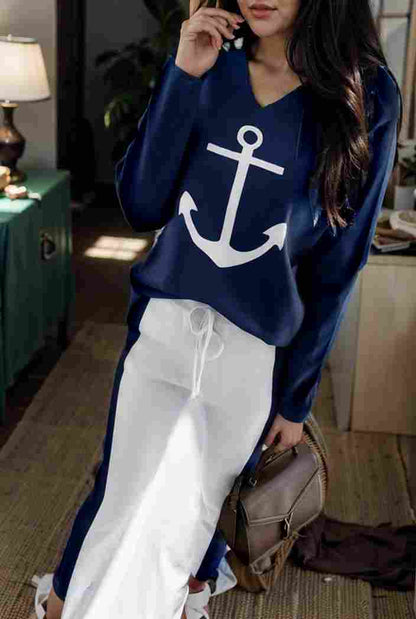 anchor print v neck long sleeve t shirt trousers two piece suit 103724