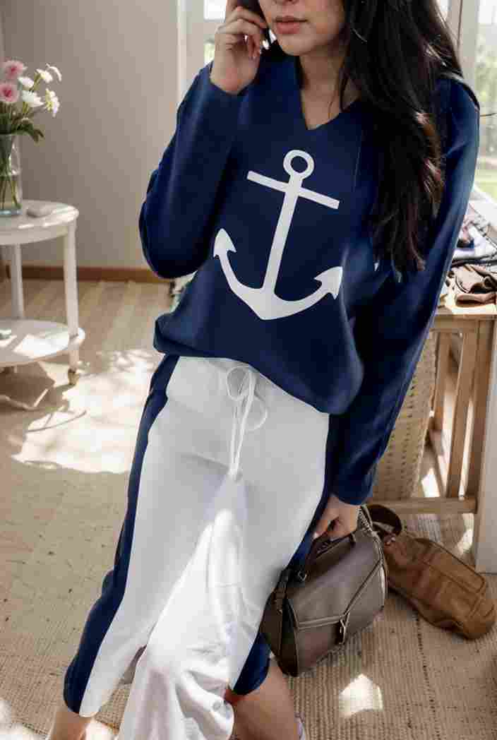 anchor print v neck long sleeve t shirt trousers two piece suit 123608