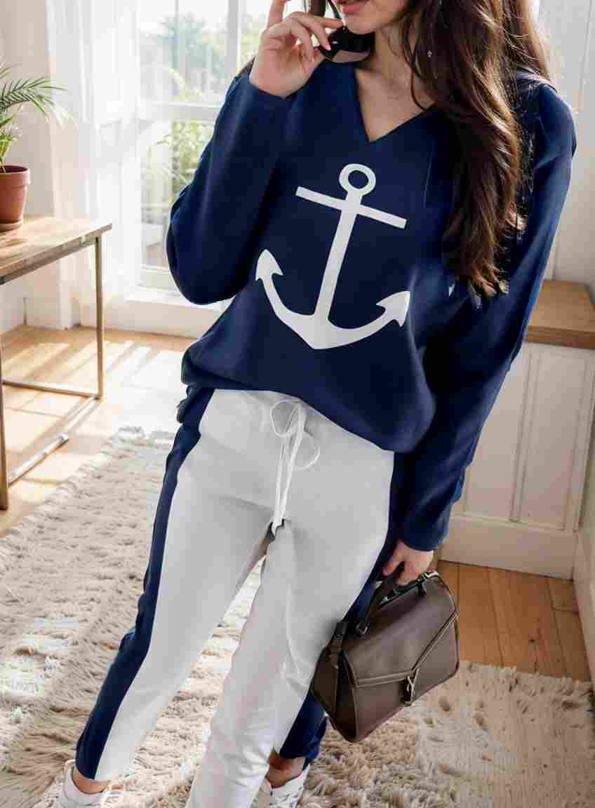 anchor print v neck long sleeve t shirt trousers two piece suit 134572