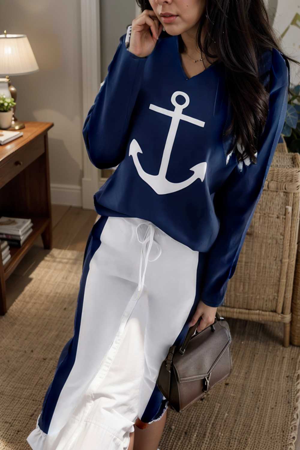 anchor print v neck long sleeve t shirt trousers two piece suit 145905