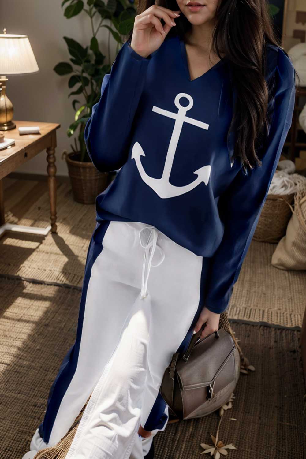 anchor print v neck long sleeve t shirt trousers two piece suit 120902