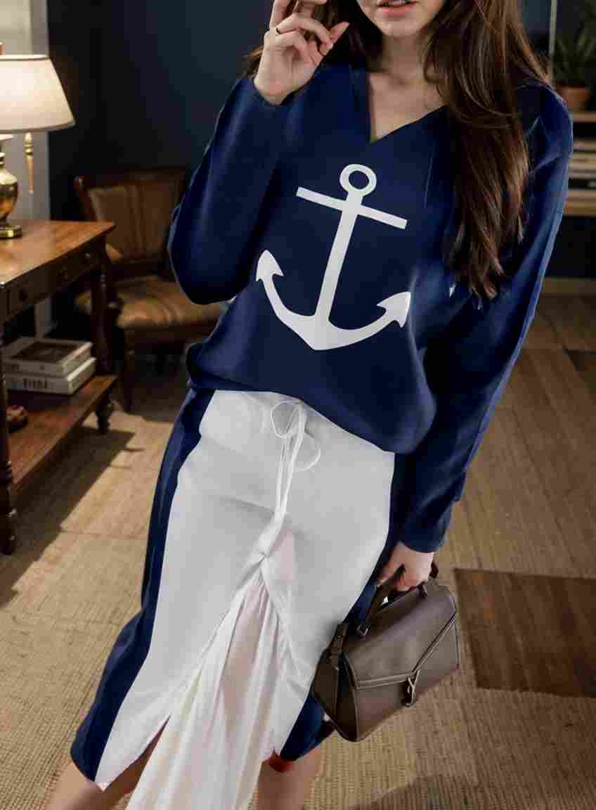 anchor print v neck long sleeve t shirt trousers two piece suit 113270