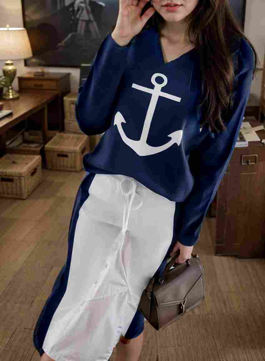 anchor print v neck long sleeve t shirt trousers two piece suit 108082