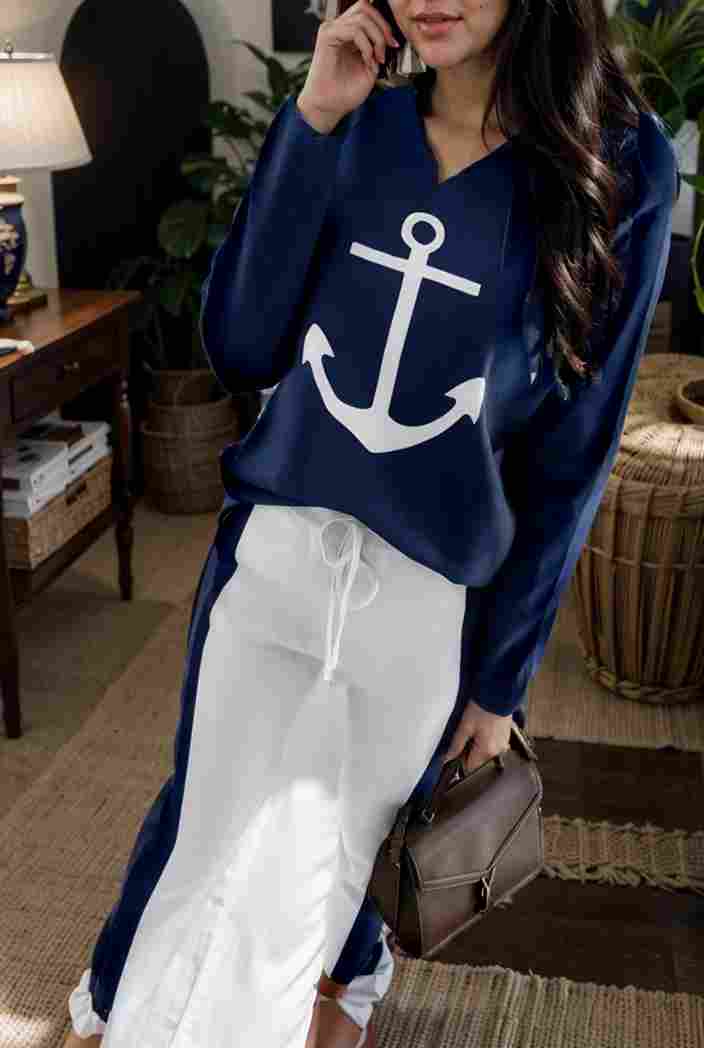 anchor print v neck long sleeve t shirt trousers two piece suit 124862