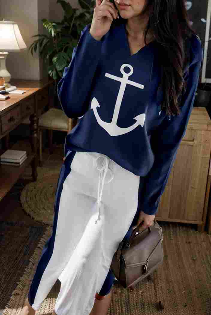 anchor print v neck long sleeve t shirt trousers two piece suit 116964