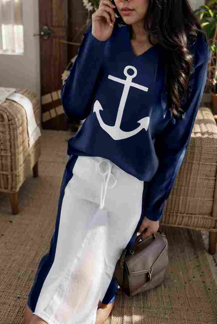 anchor print v neck long sleeve t shirt trousers two piece suit 105352