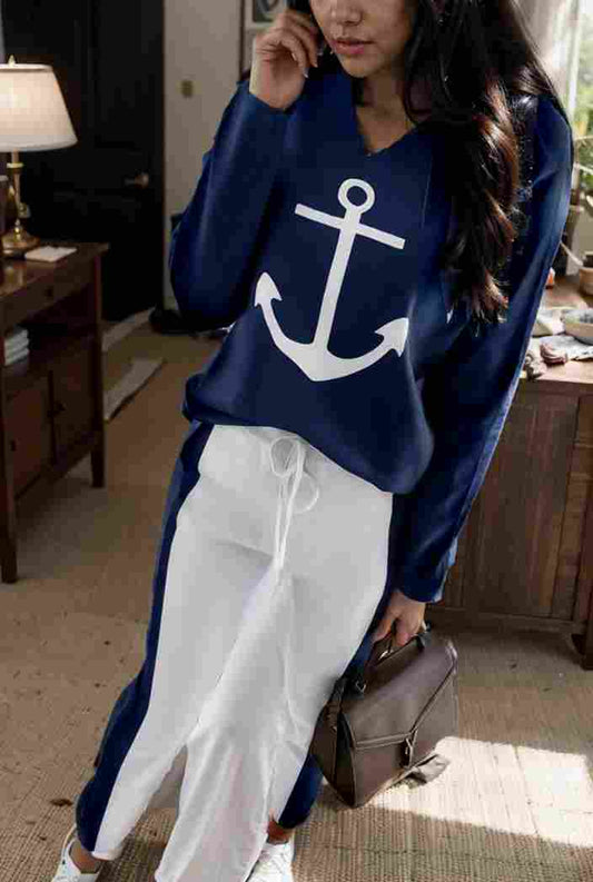 anchor print v neck long sleeve t shirt trousers two piece suit 115790