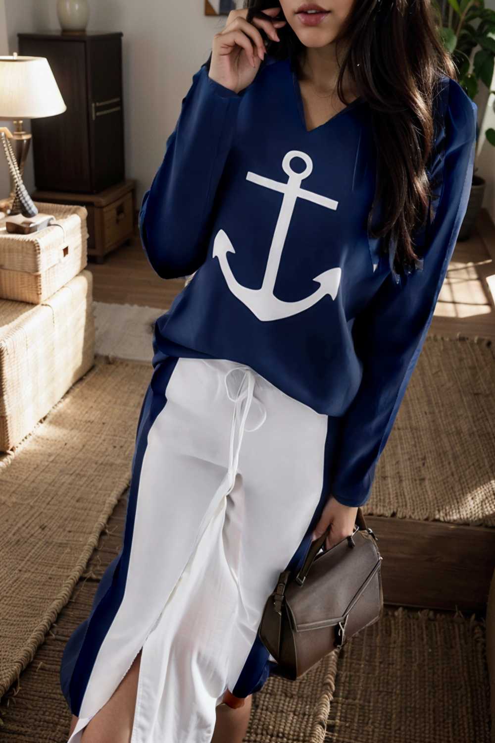 anchor print v neck long sleeve t shirt trousers two piece suit 134942