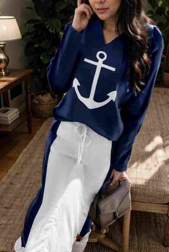 anchor print v neck long sleeve t shirt trousers two piece suit 117589