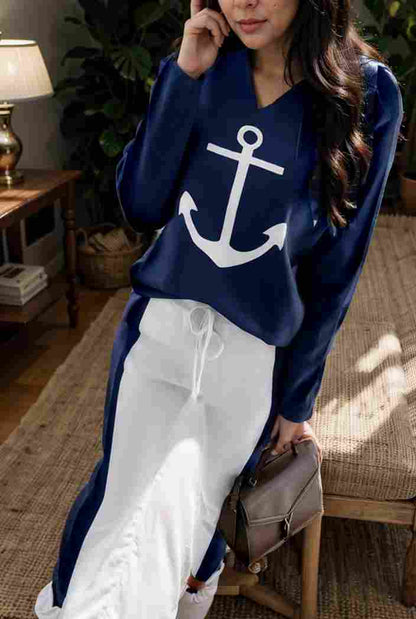 anchor print v neck long sleeve t shirt trousers two piece suit 117589