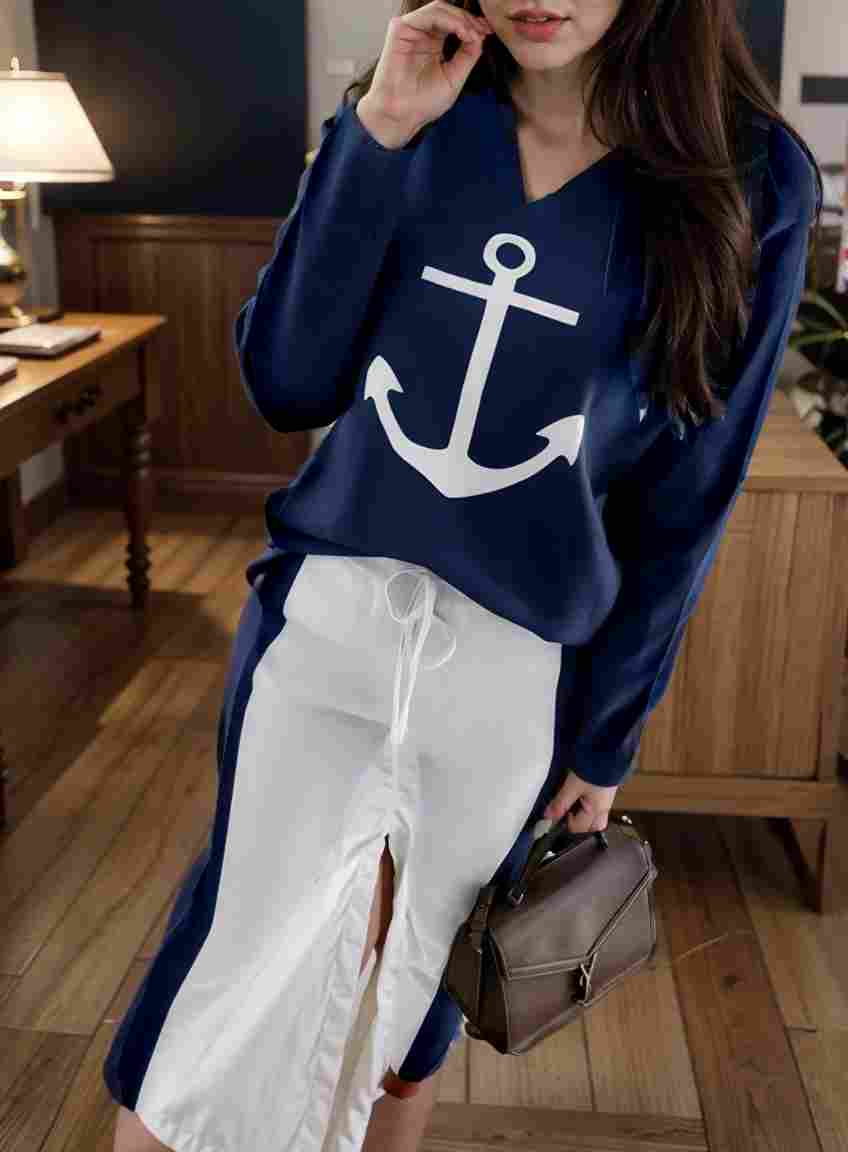 anchor print v neck long sleeve t shirt trousers two piece suit 100001