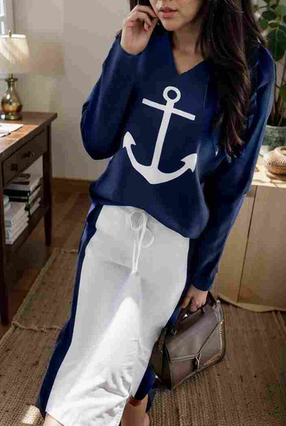 anchor print v neck long sleeve t shirt trousers two piece suit 105964