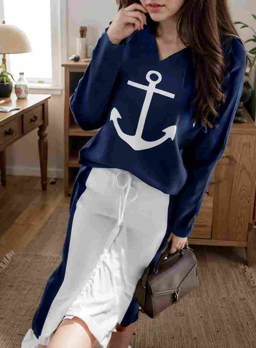 anchor print v neck long sleeve t shirt trousers two piece suit 107904