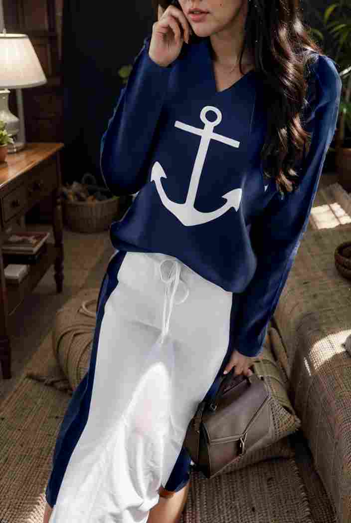 anchor print v neck long sleeve t shirt trousers two piece suit 112823